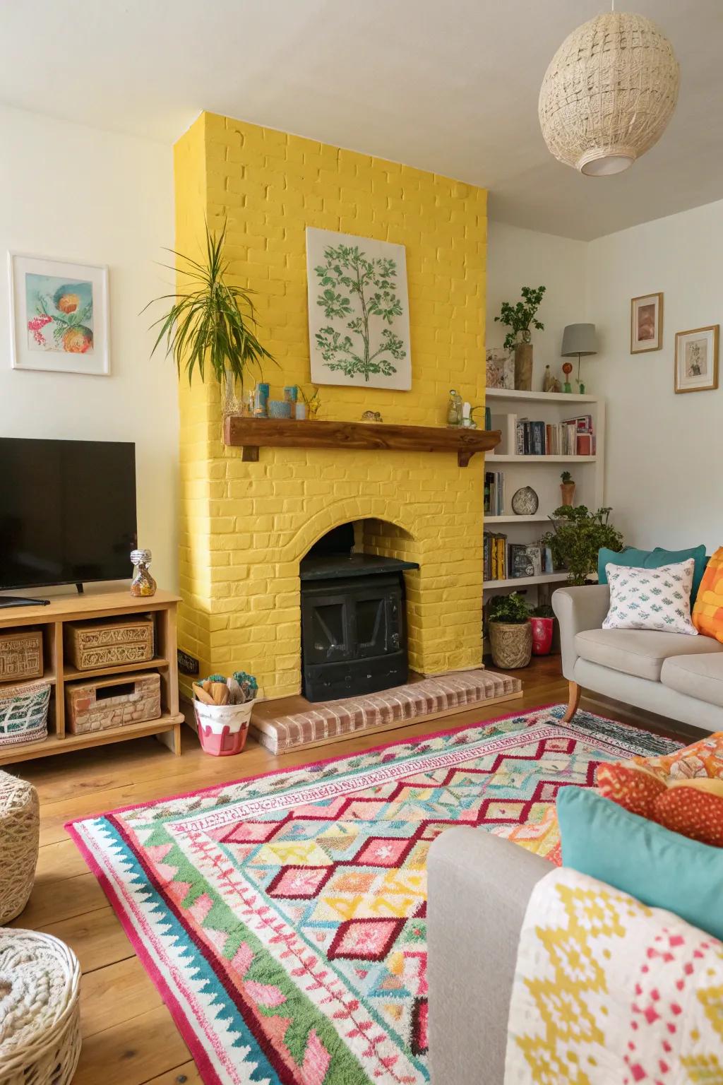 A yellow fireplace brings warmth and cheer.