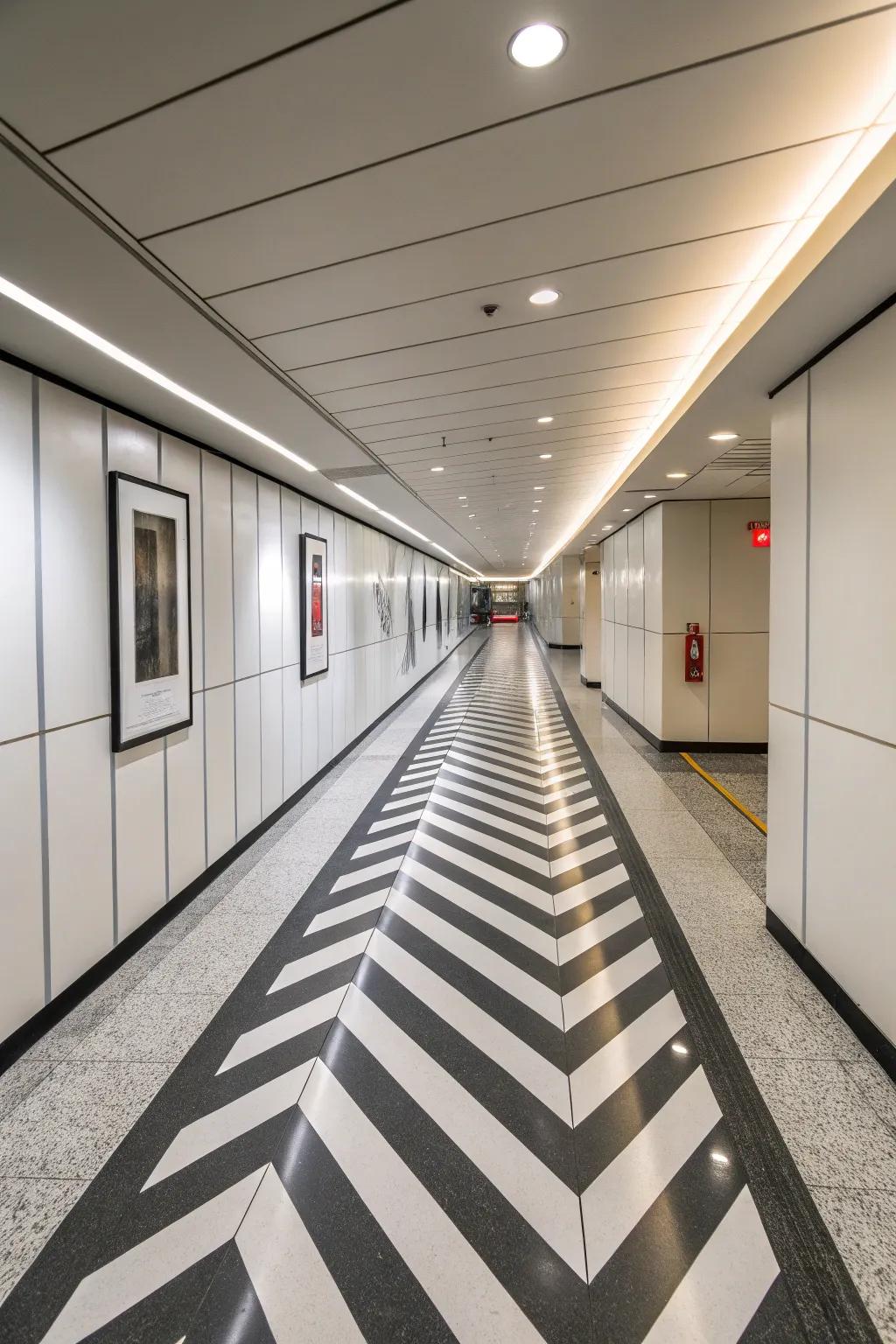 A corridor enhanced by dynamic diagonal painted floorings, visually broadening the space.