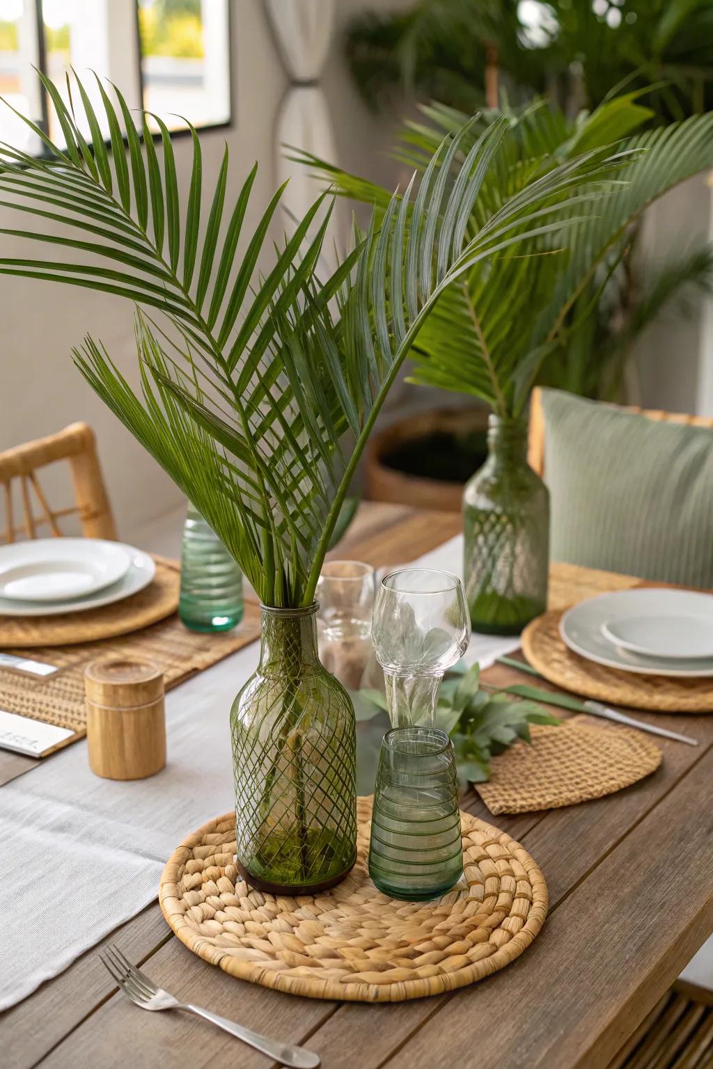 Eco-friendly materials harmonize with palm leaves for a chic look.