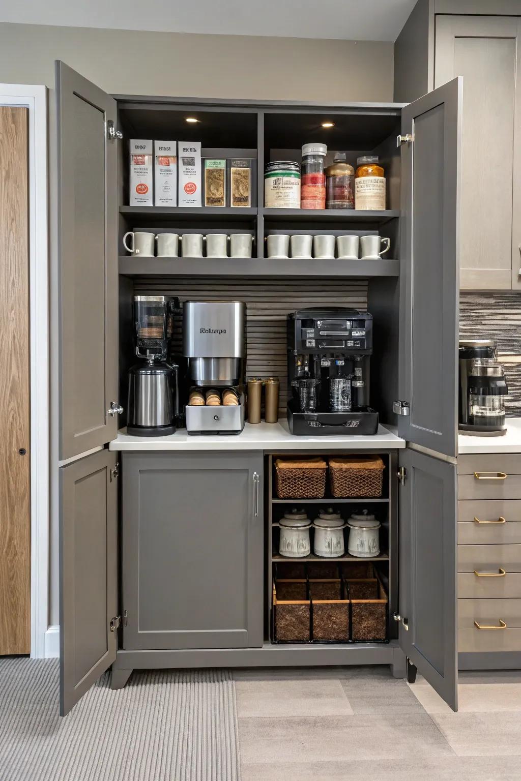 A hidden coffee bar stylishly keeps essentials out of sight.