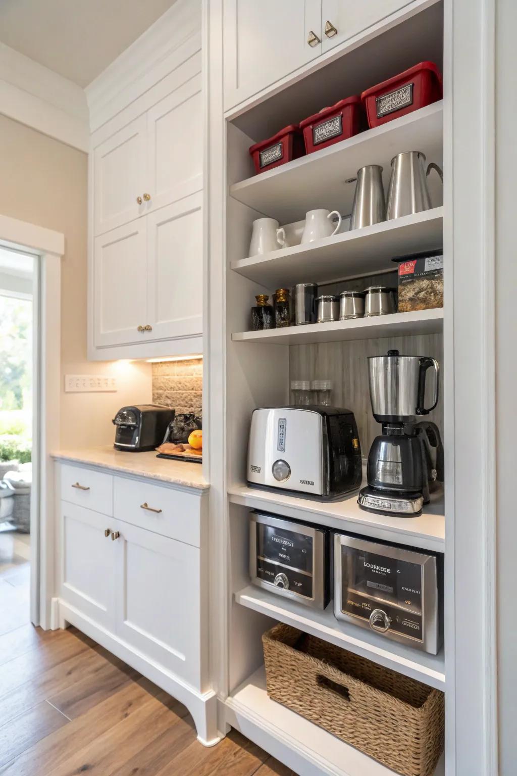 Built-in pantry cabinets keep small appliances organized and accessible.