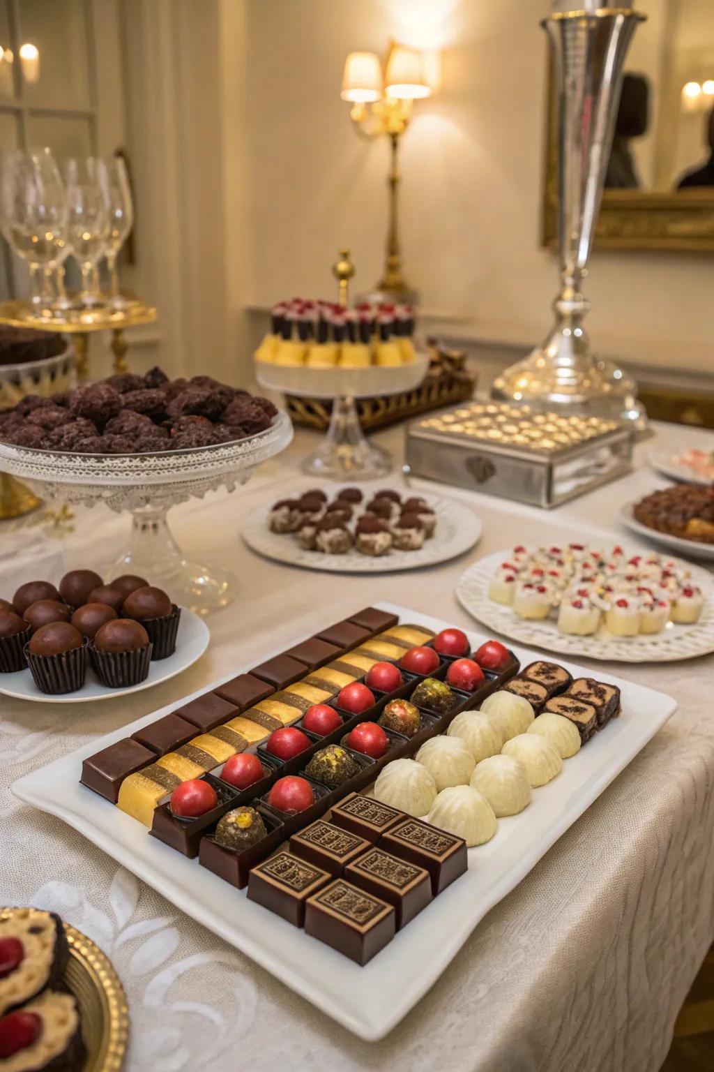 A handcrafted chocolate sampling presenting a lavish and abundant adventure.