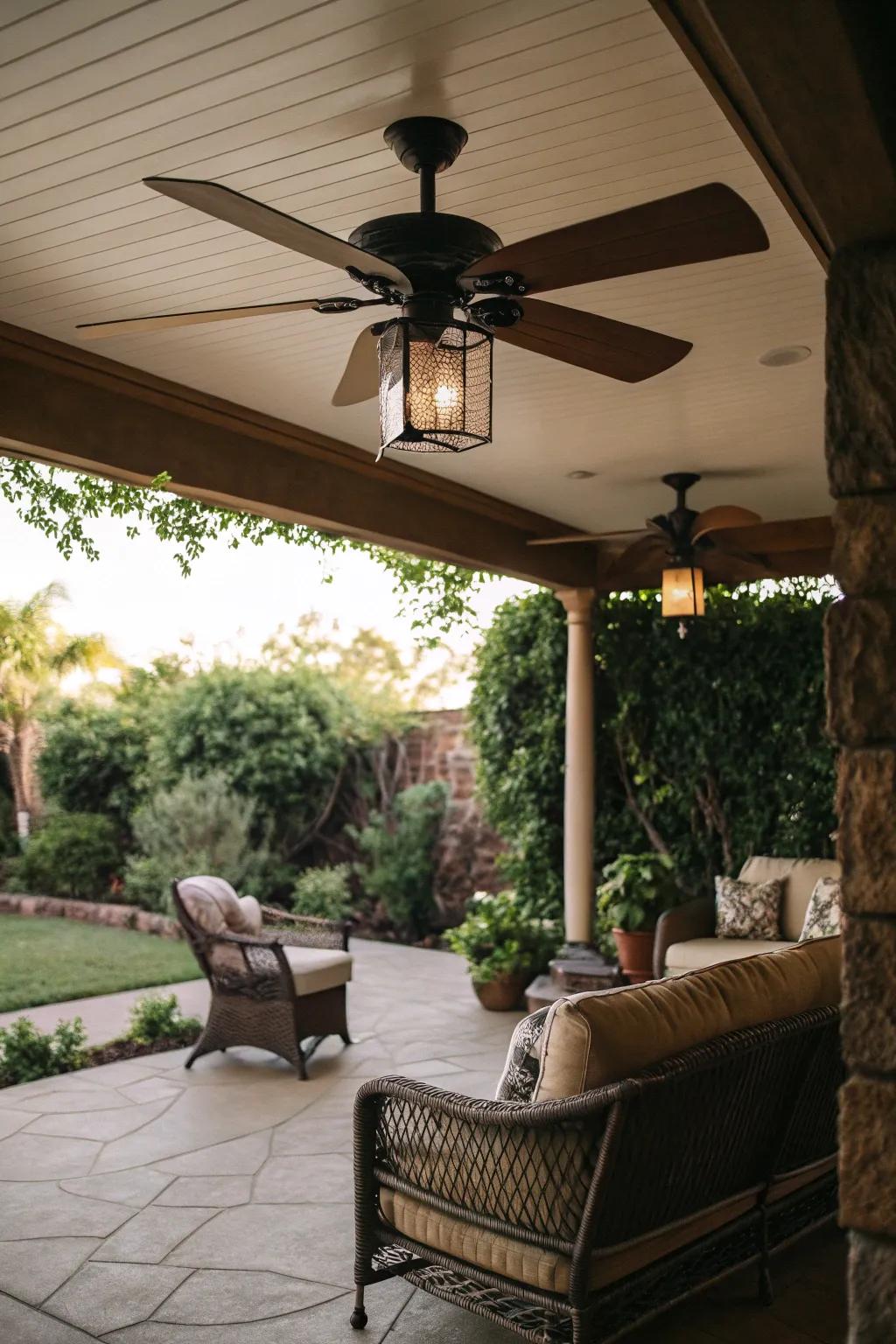 A cozy deck with a low-profile ceiling fan for intimate gatherings.