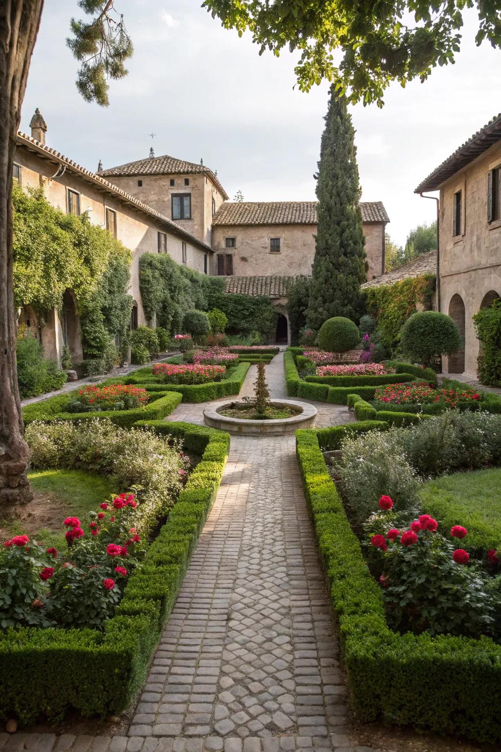 A harmonious garden layout is achieved through symmetrical design.