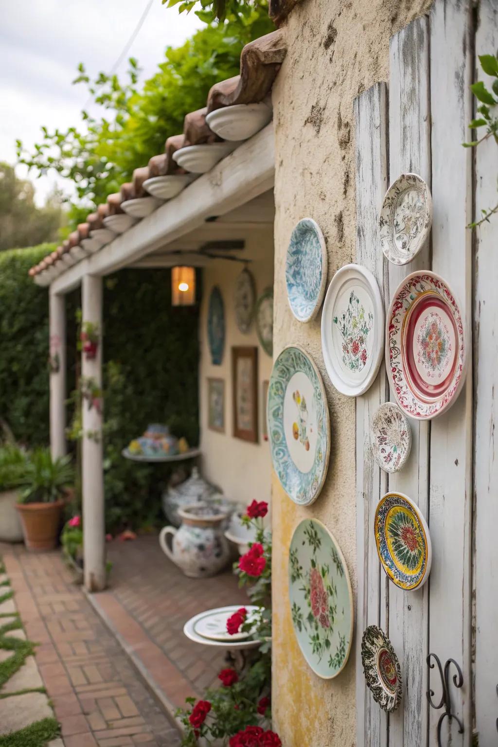 An elegant plate collection enhances the aesthetic of a patio wall.