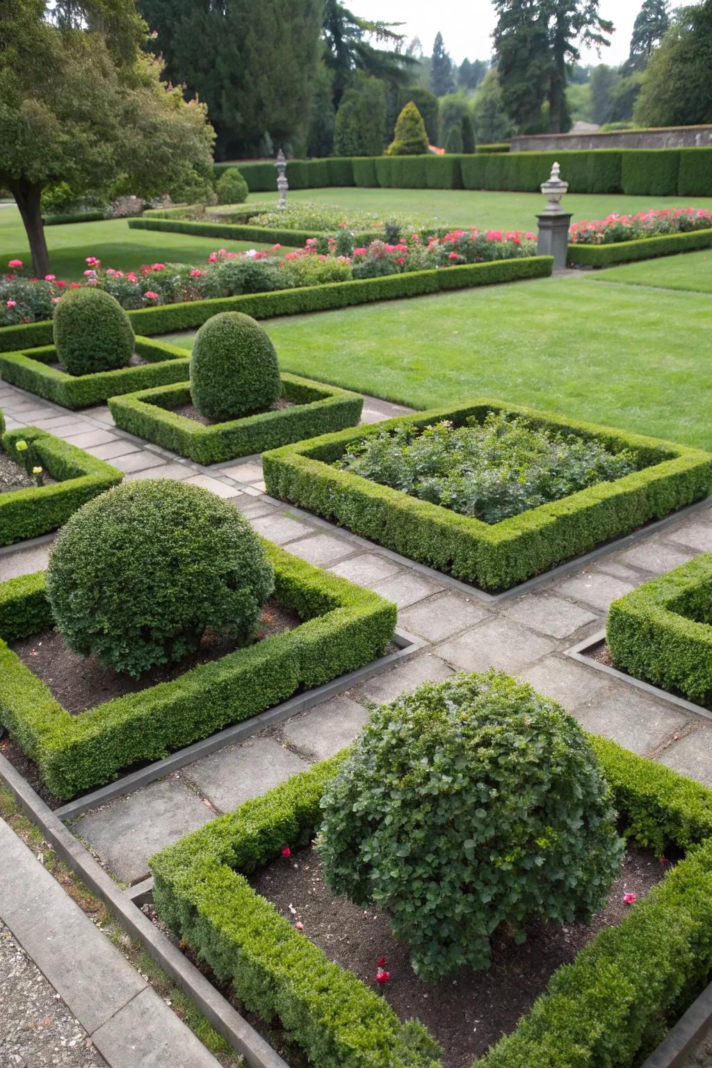 Symmetrical planting introduces order to the garden.
