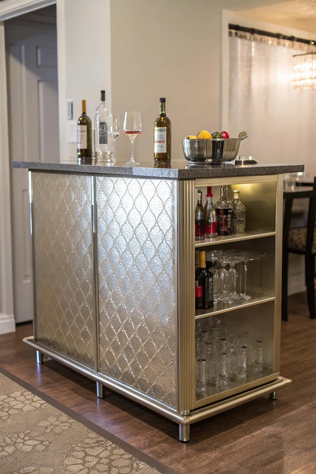 Give your mini bar a sophisticated upgrade with metallic wallpaper.