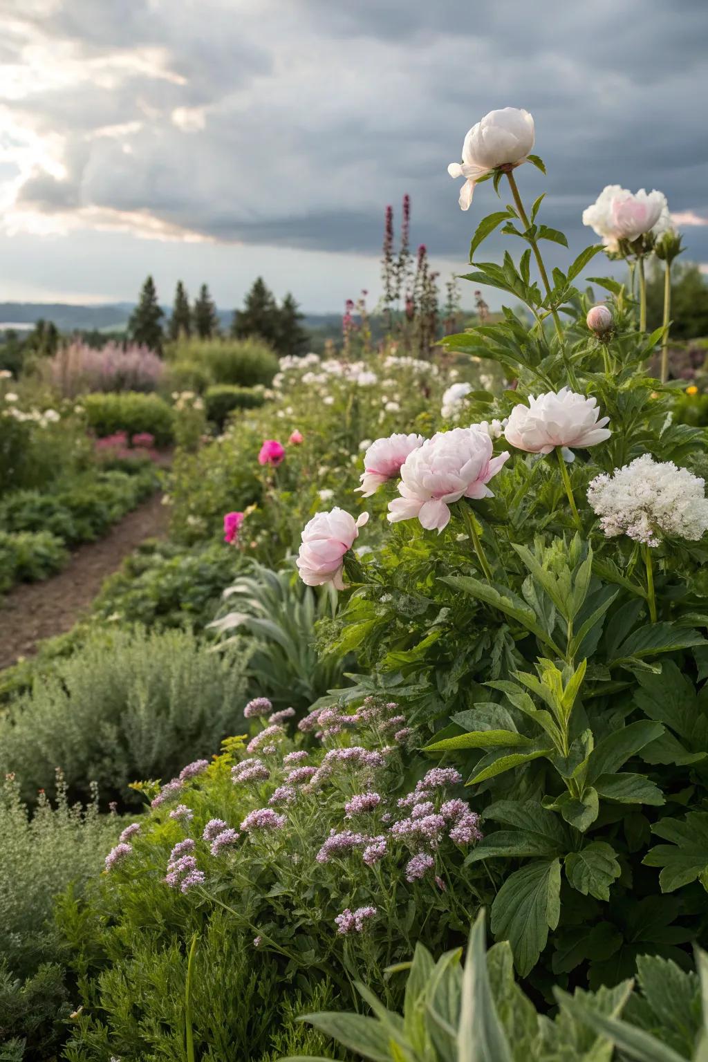 A delightful mix of peonies and herbs creating a functional garden.