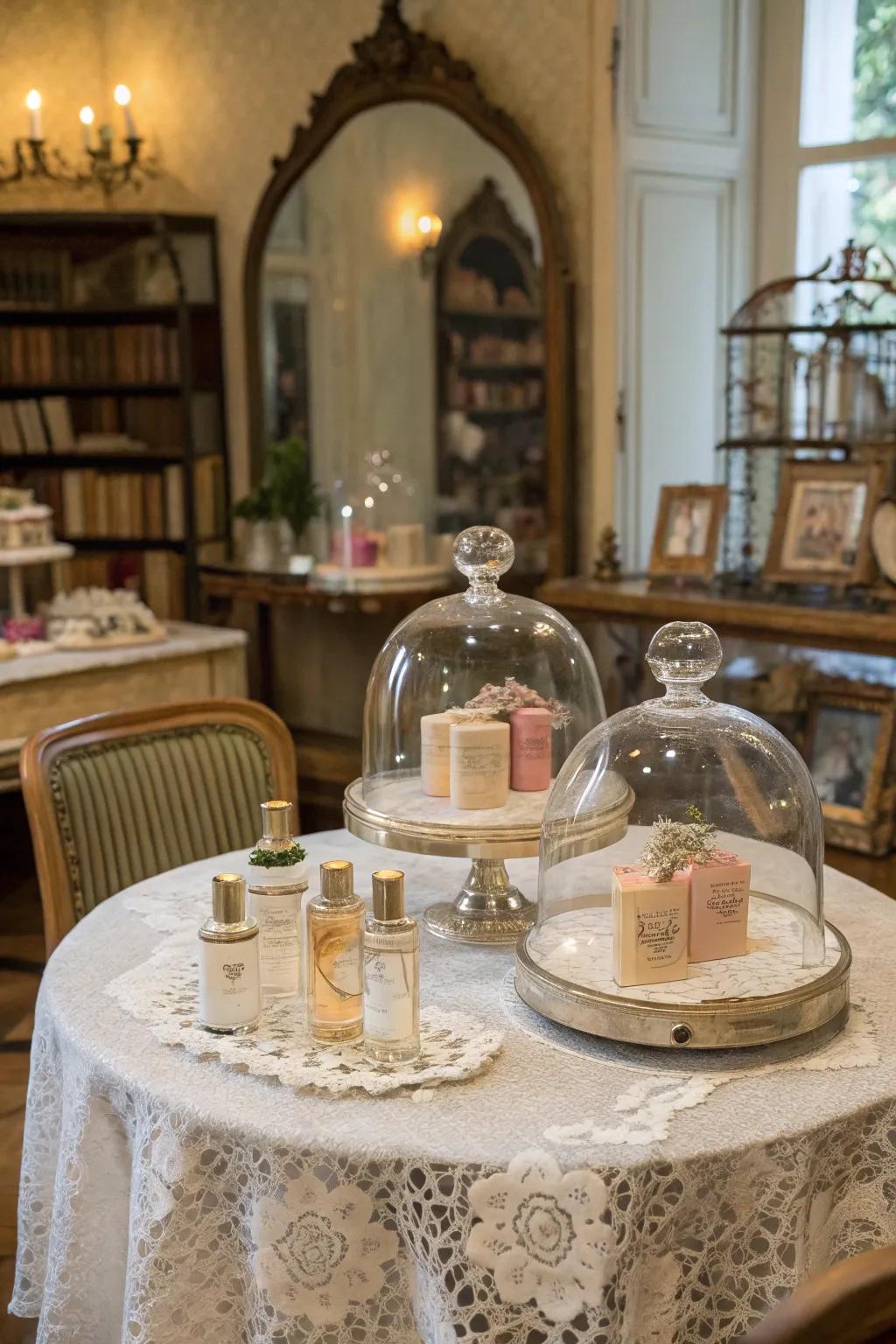 Perfumes elegantly displayed under glass domes, adding vintage sophistication.