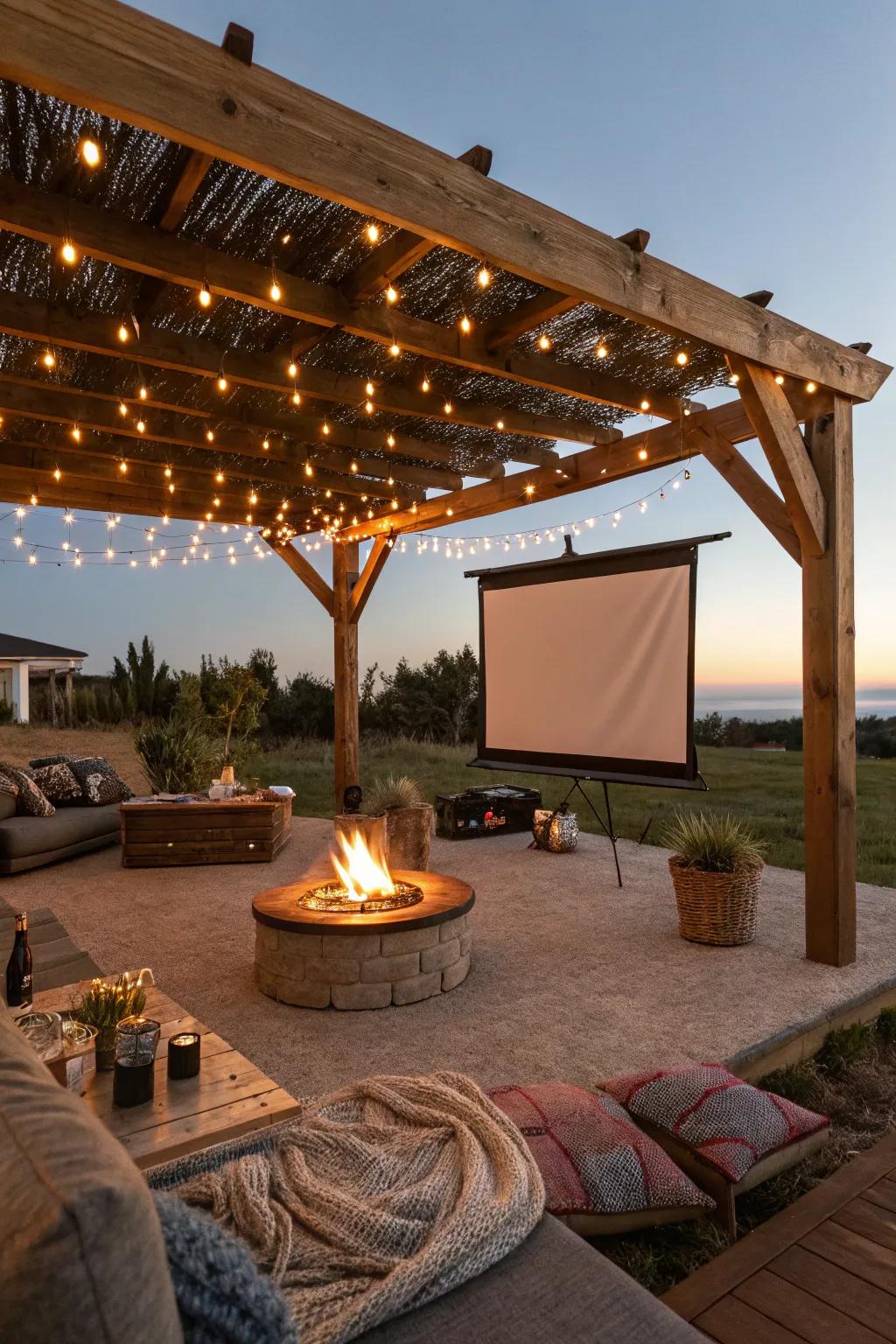 Encounter open-air cinema magic with a fire pit pergola.