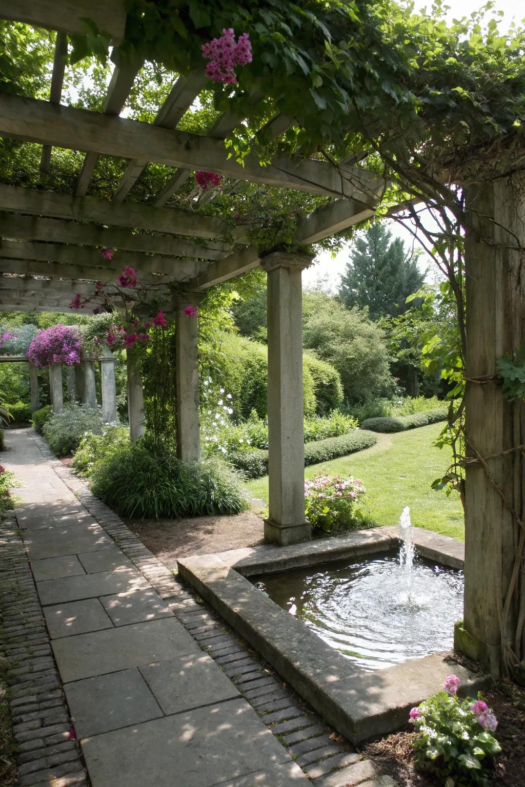 Water features add peace to shaded pergola spaces.