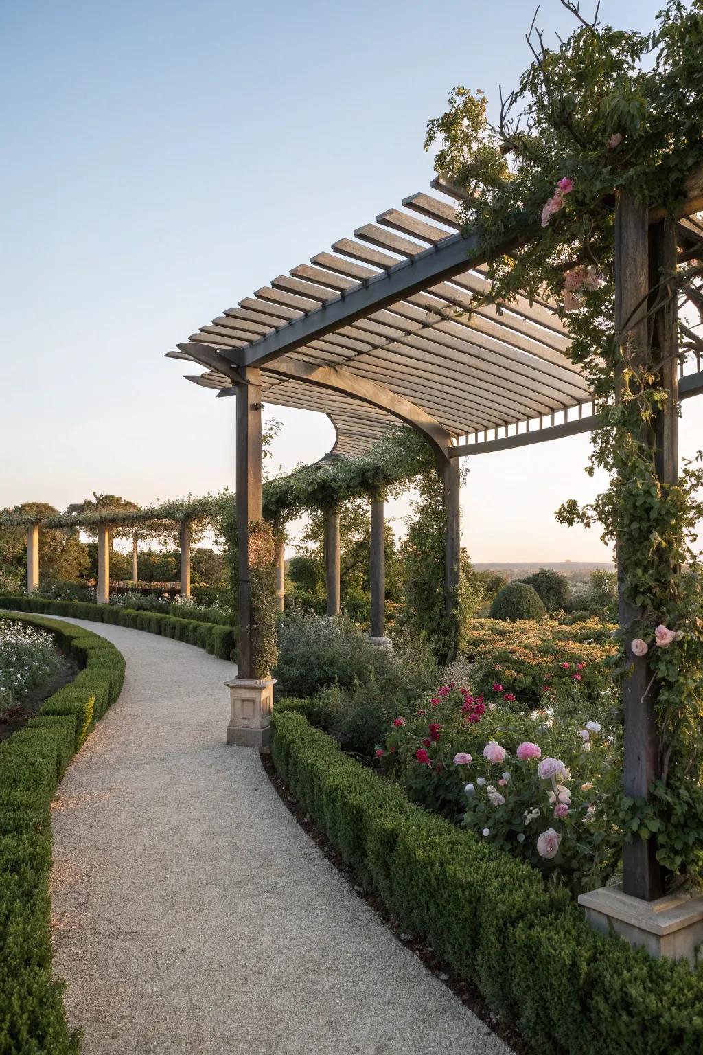 A wood and metal pergola roof creates a unique style.
