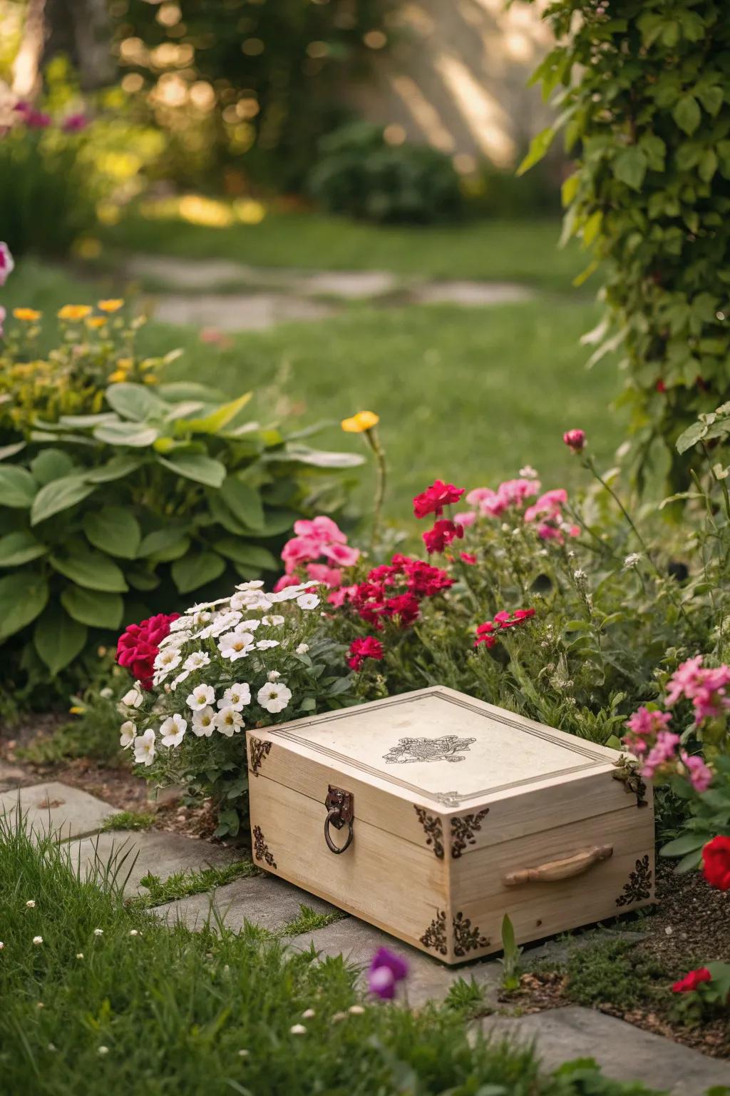 A memory box holds cherished mementos, nestled quietly in the garden.