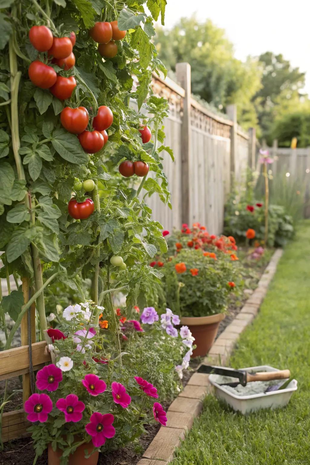 Tomato plants and petunias create a surprising yet valuable garden pair.