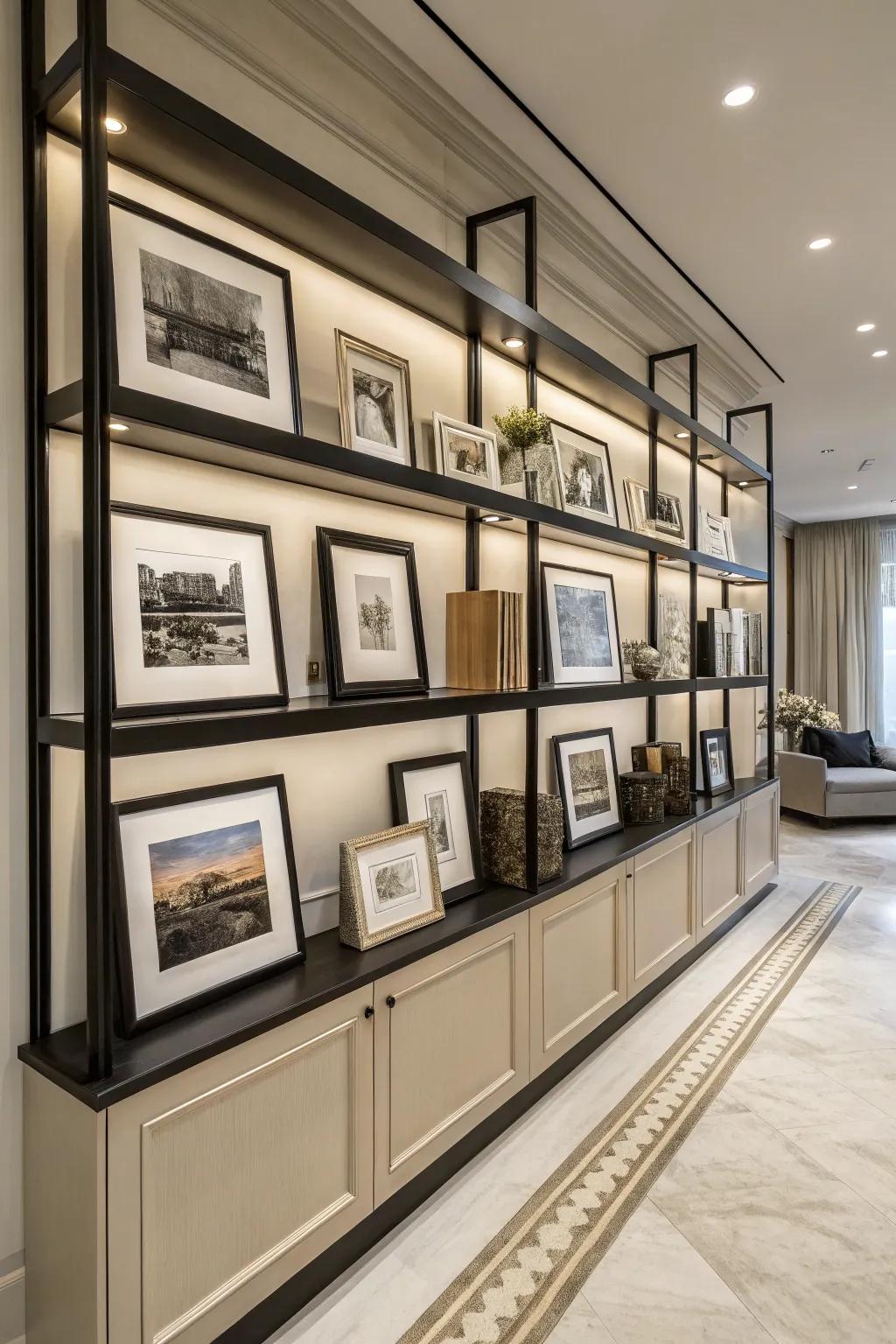 Black and white themed picture shelves for elegance.