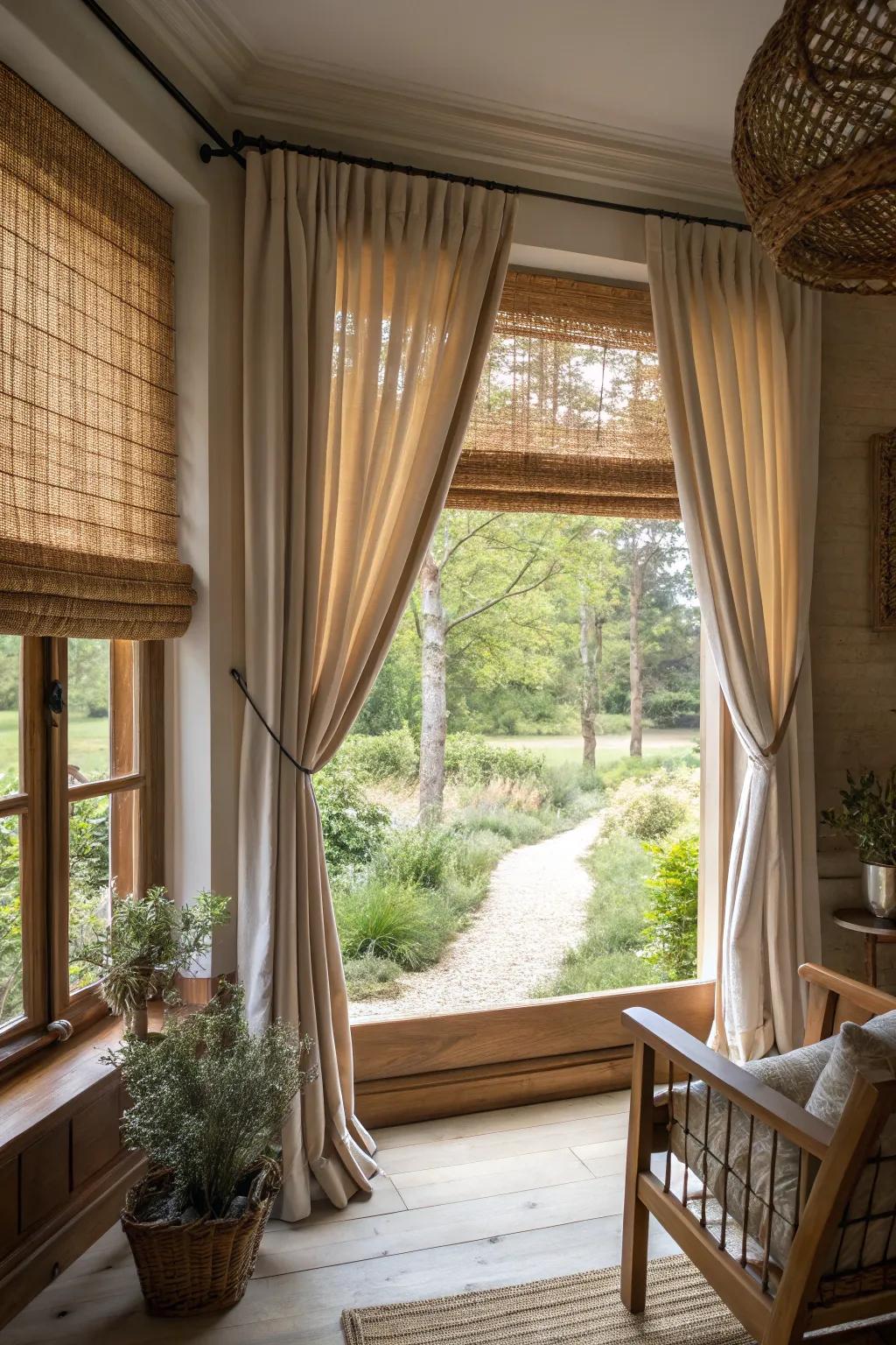 Cozy setting with woven wood shades adding natural warmth to a picture window.