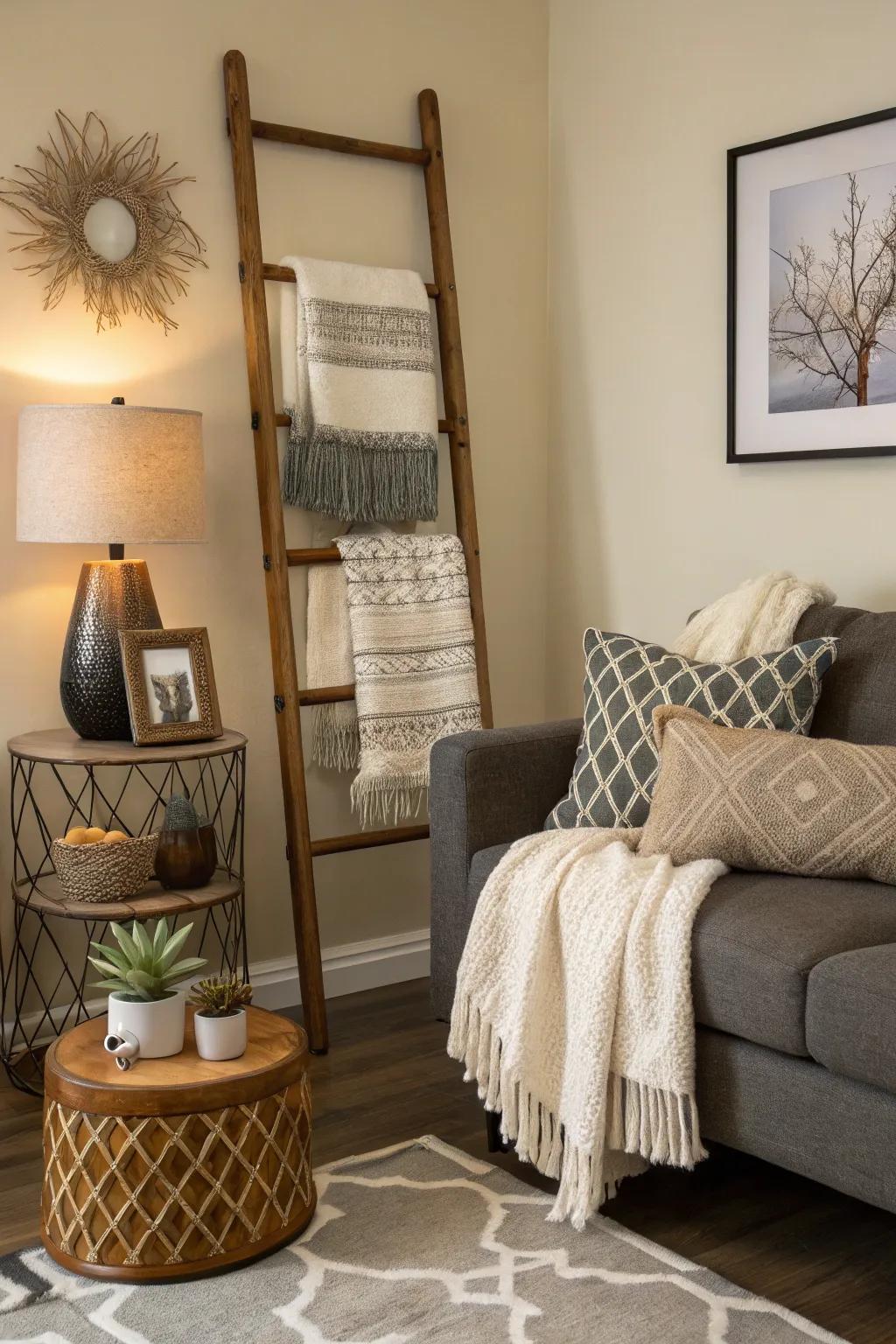 A decorative upright employed to showcase throws, introducing style to the room.