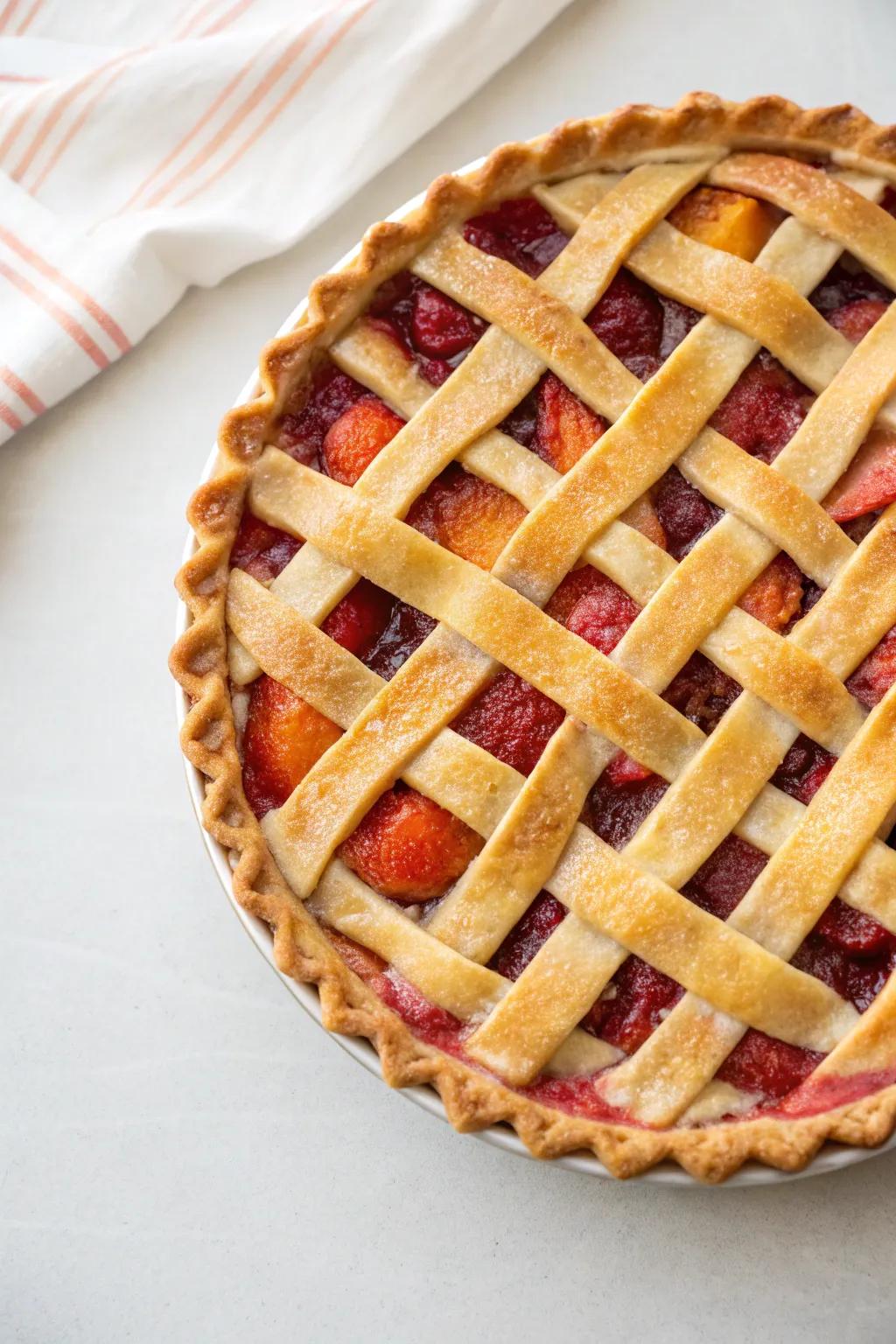 A pie with a wonderfully detailed lattice crust.