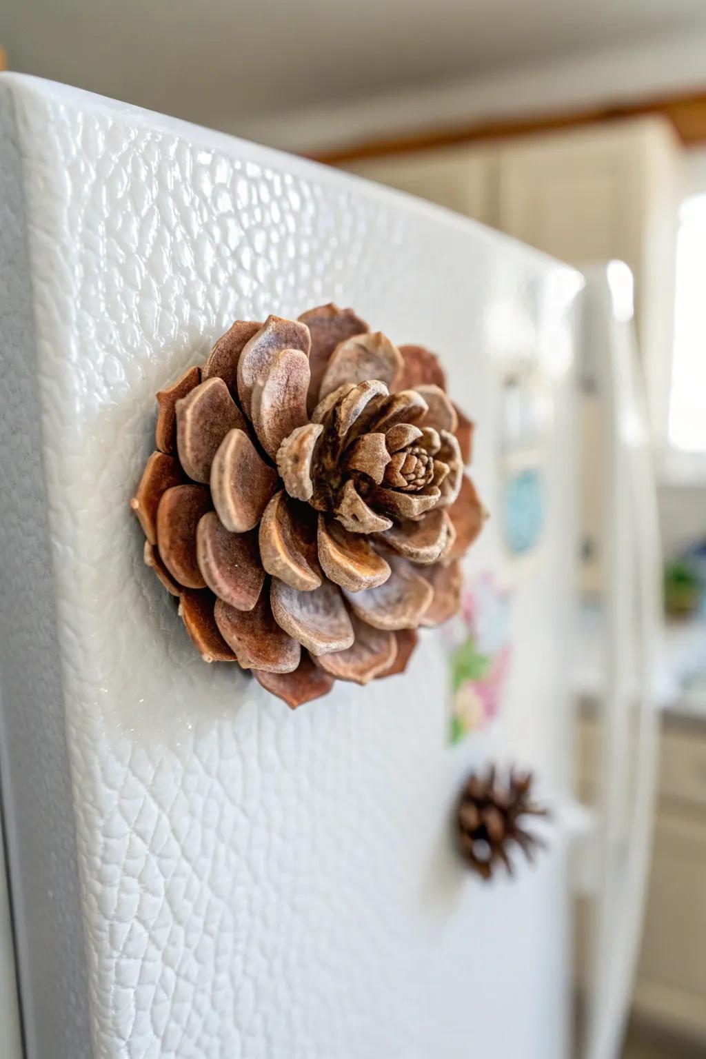 Transform your fridge with charming pinecone blossom holders for a touch of natural elegance.