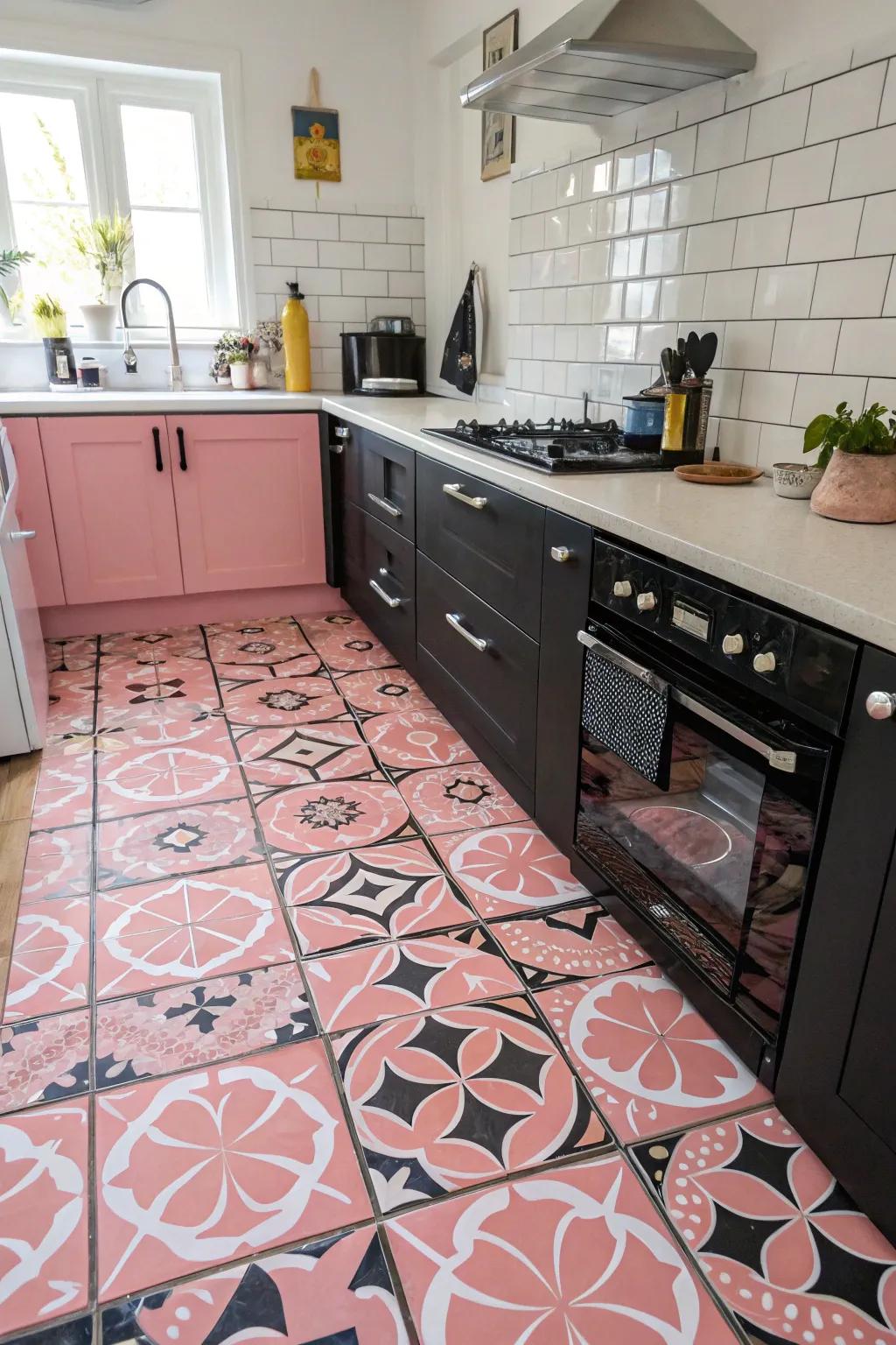 Intrigue is added to the kitchen by distinctive tile designs.