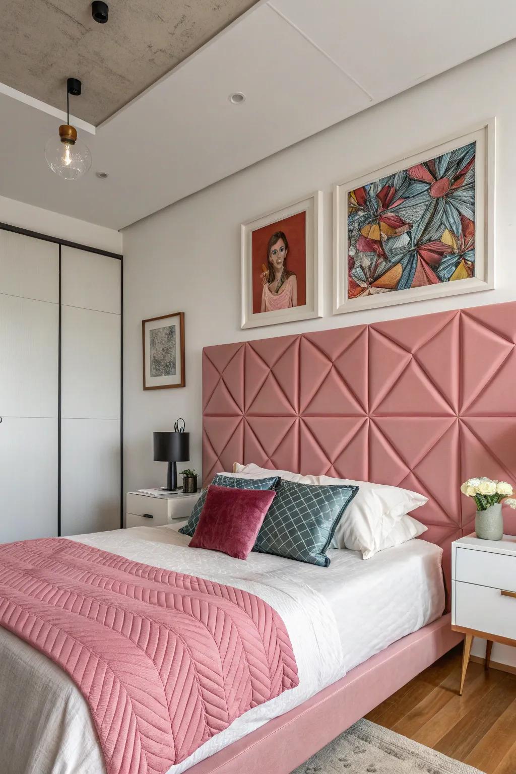 A modern and chic bedroom with a pink geometric headboard.