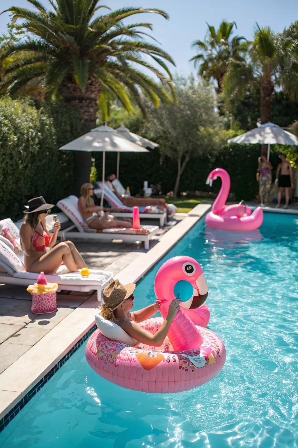 Flamingo floats contribute a playful pink detail to poolside celebrations.
