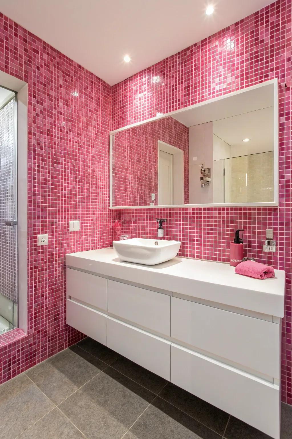 A striking statement wall of rose mosaic tiles.