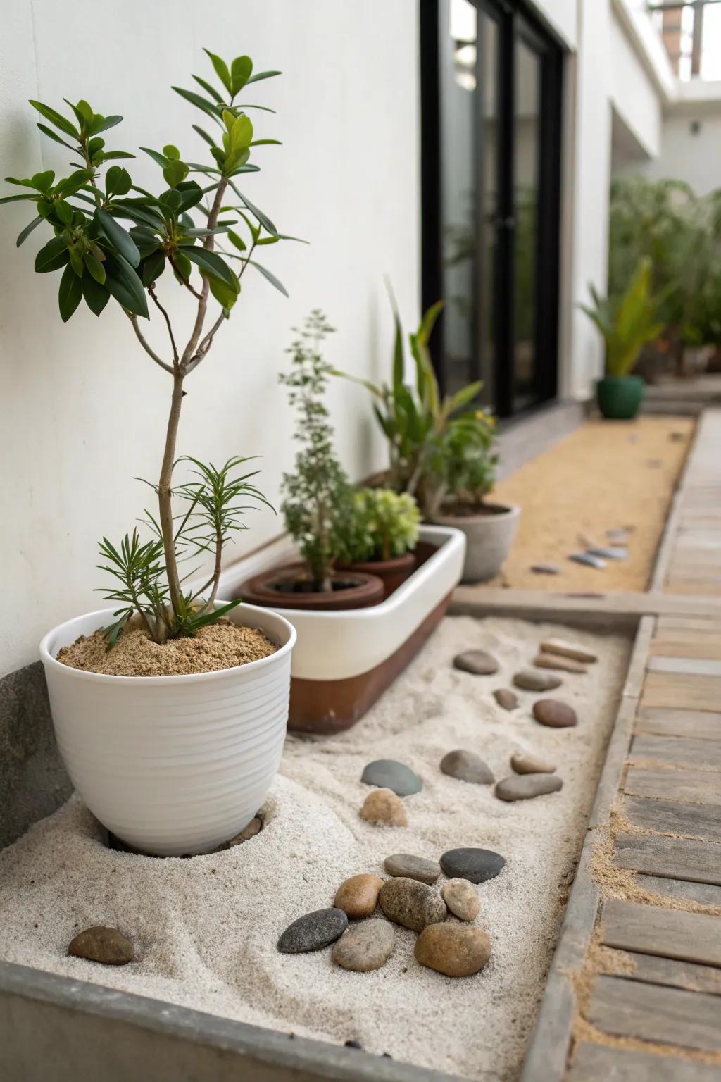 A Zen garden corner for peace and relaxation.