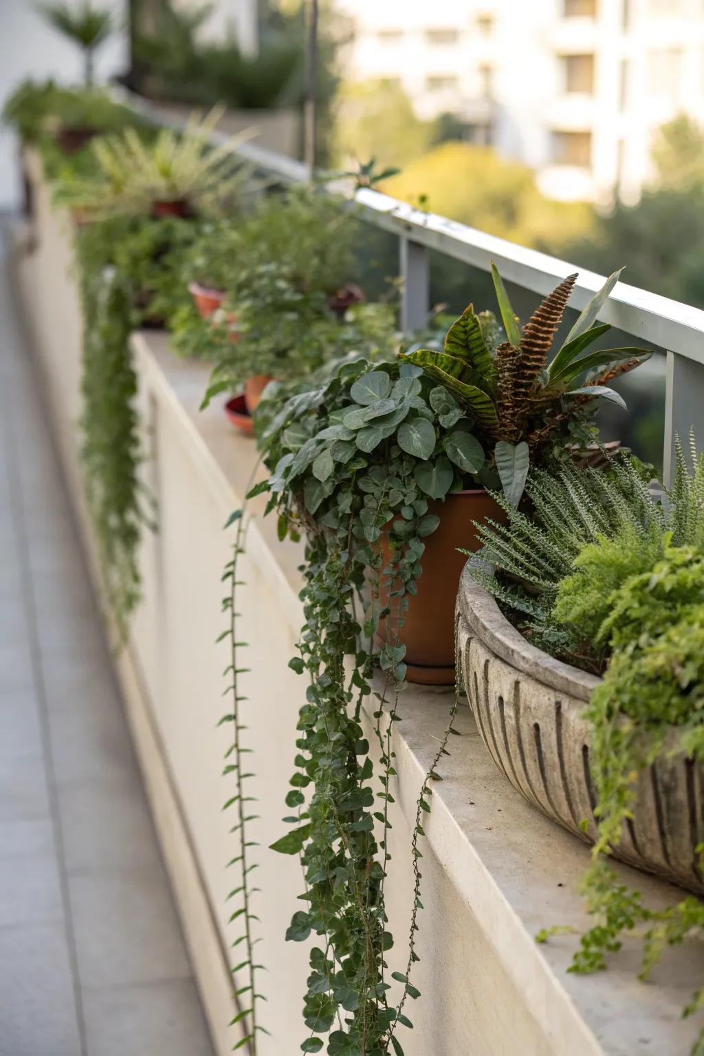 A mix of stability and imbalance establishes a harmonious and dynamic greenery ledge.