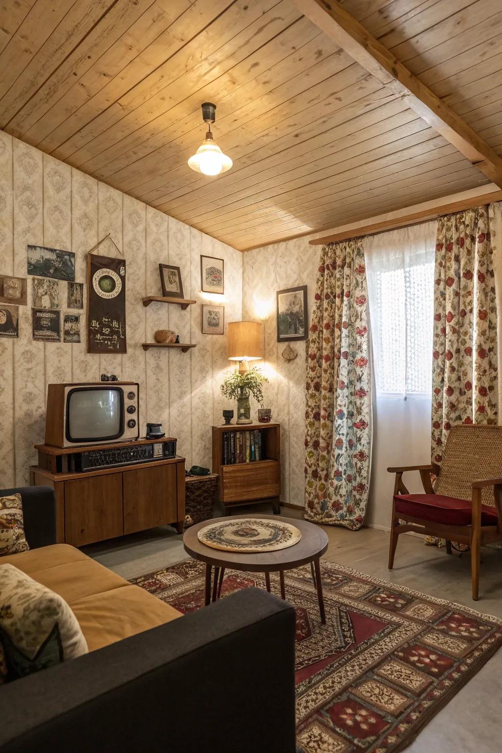A vintage-inspired plywood ceiling that infuses a nostalgic touch into the space.