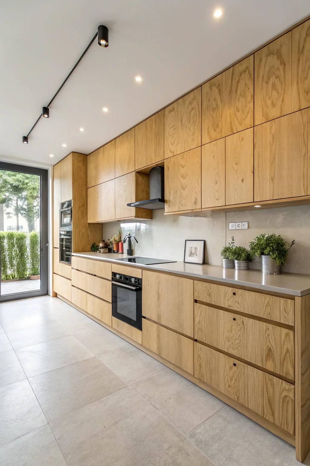 Chic laminated wood cabinets bring modern style to this kitchen.