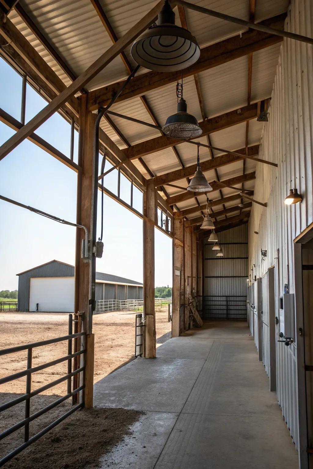 Factory-inspired highlights within a pole barn presenting alloy fixtures and visible joists.