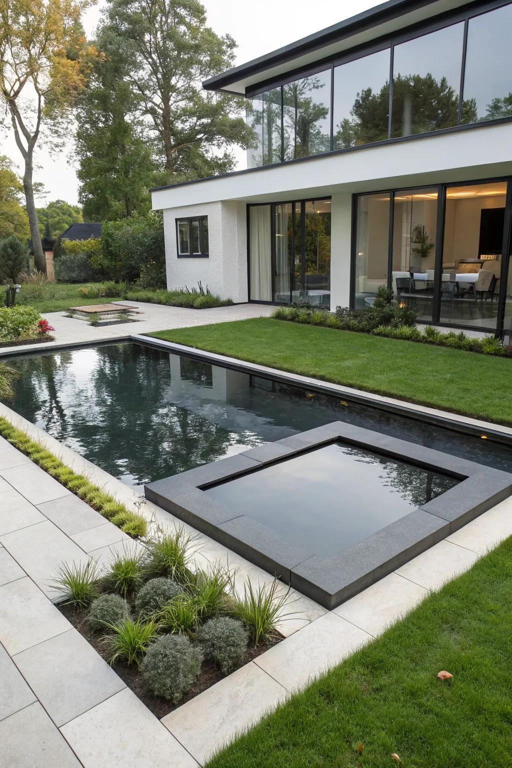 A sleek, modern geometric pond within a contemporary garden.