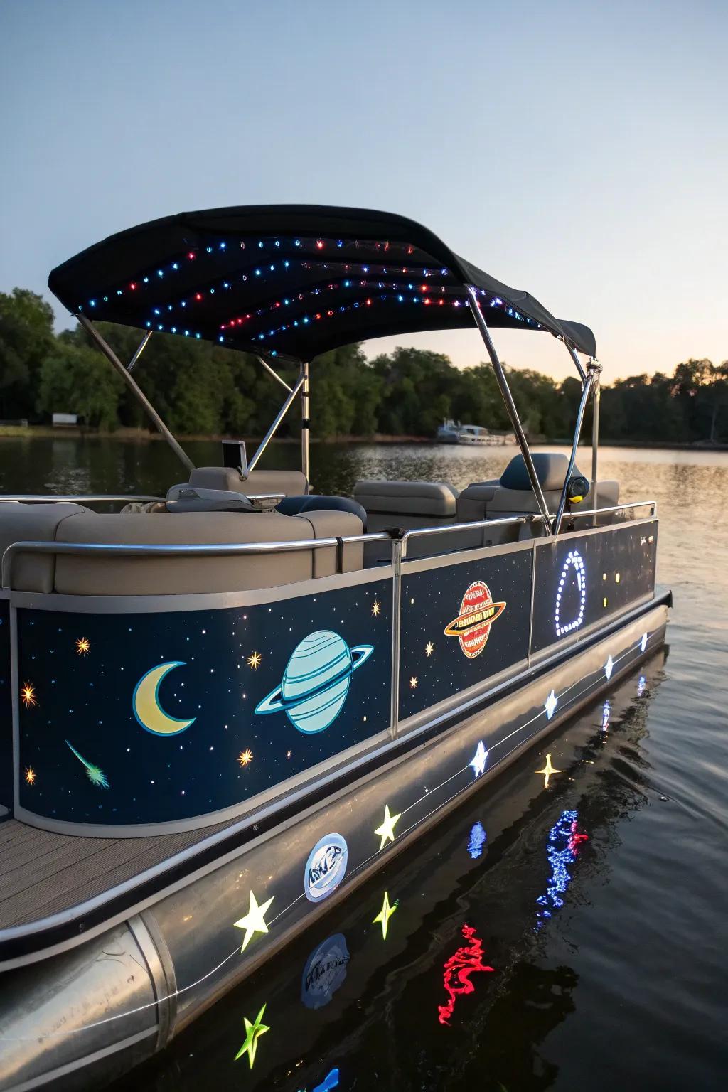 Space-themed pontoon with celestial decorations.