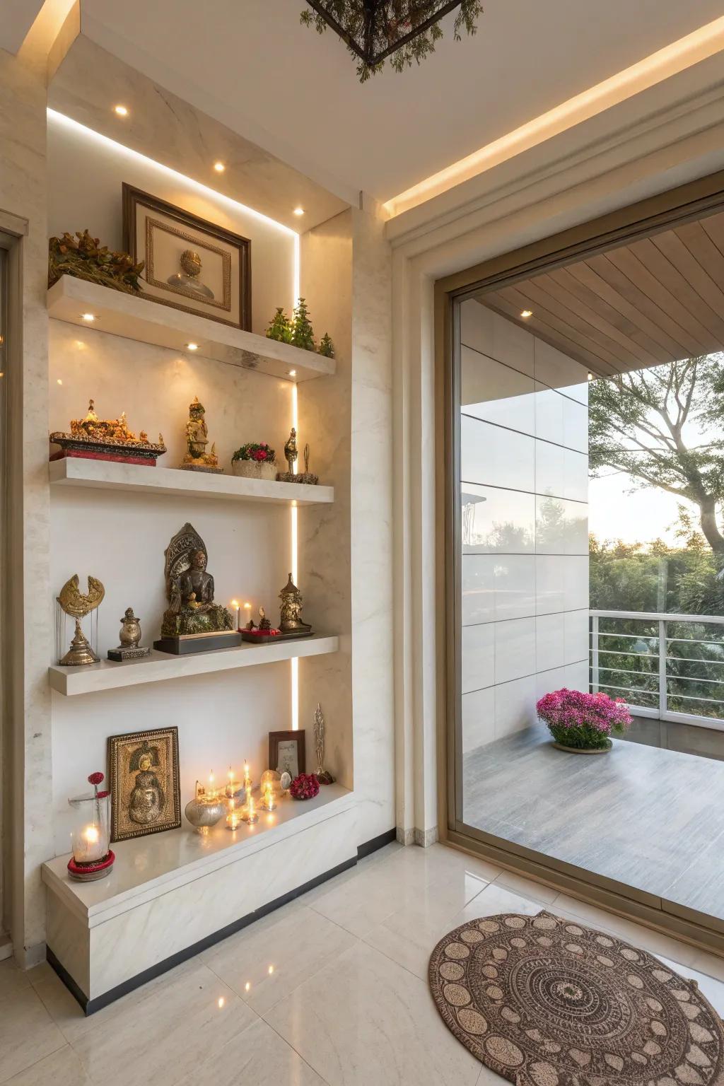 Mounted shelves help to keep the pooja room arranged and spacious.