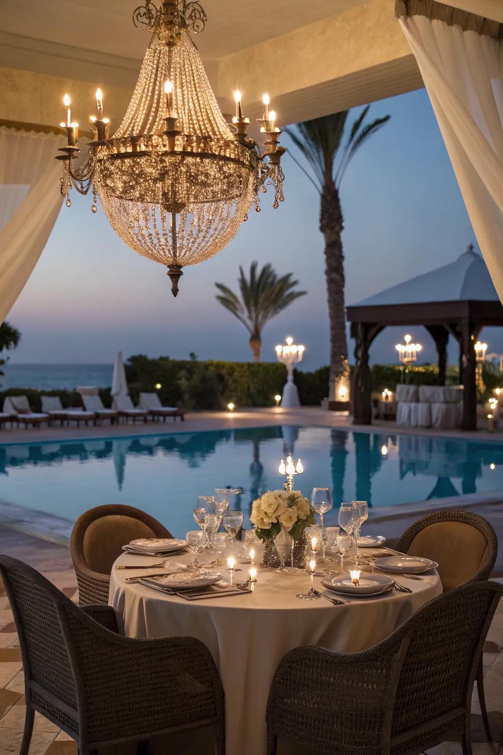 A chandelier introduces interior elegance to your poolside dining area.