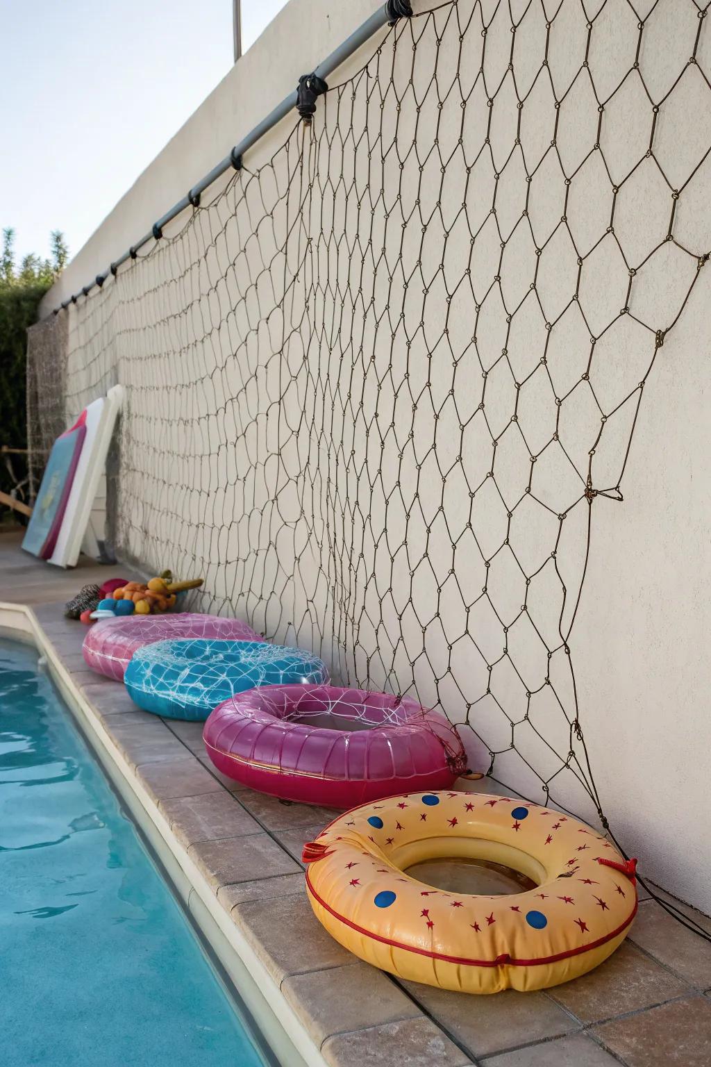 Bungee cord nets furnishing a flexible storage solution for pool toys.