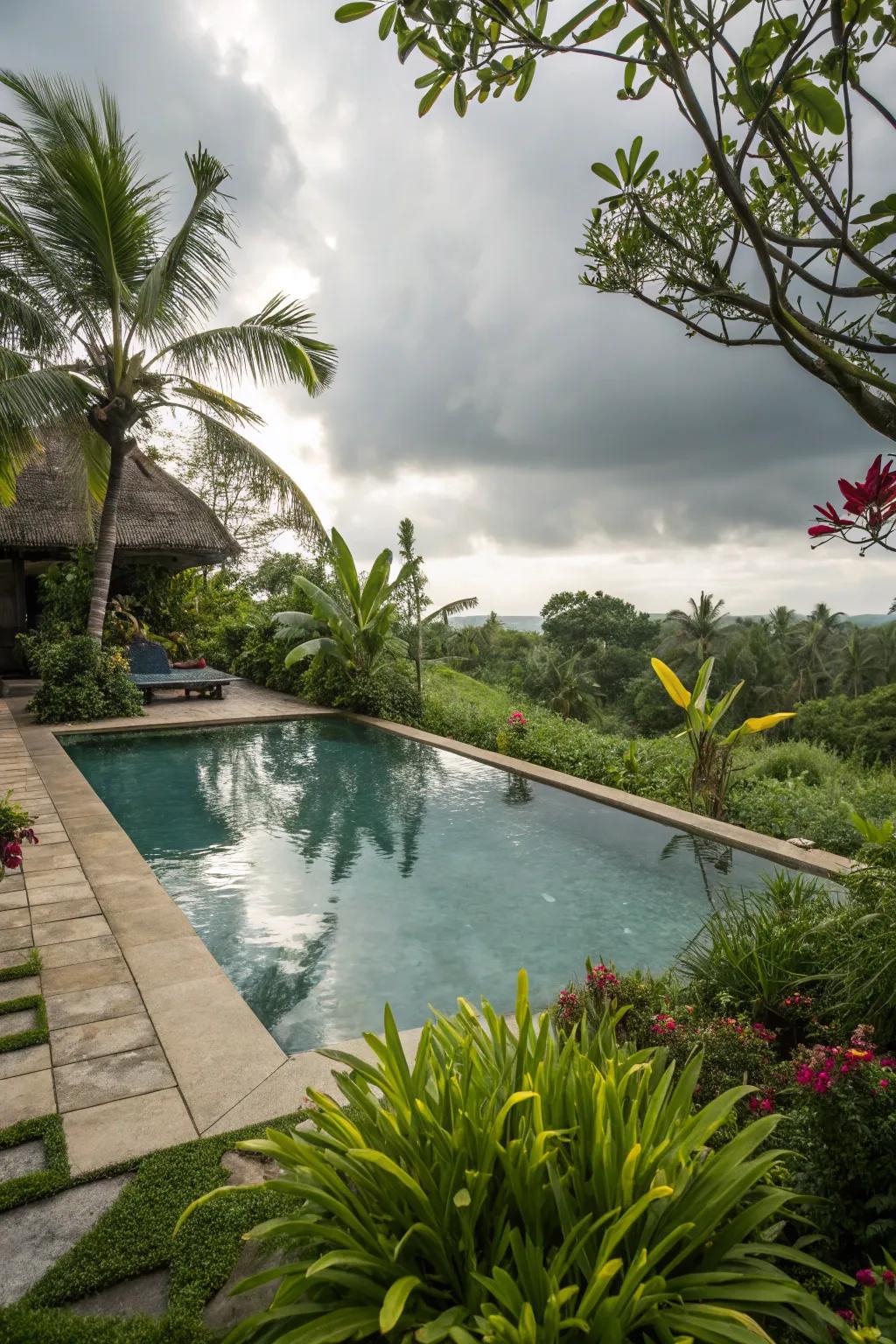 A pool beautifully surrounded by lush, vibrant greenery.