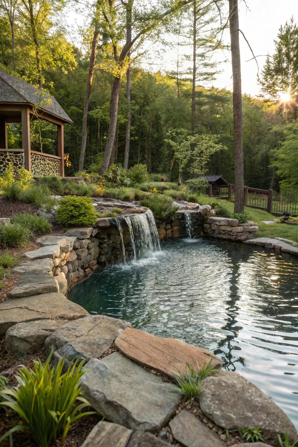 A pool pond enhanced with a comforting cascade feature.