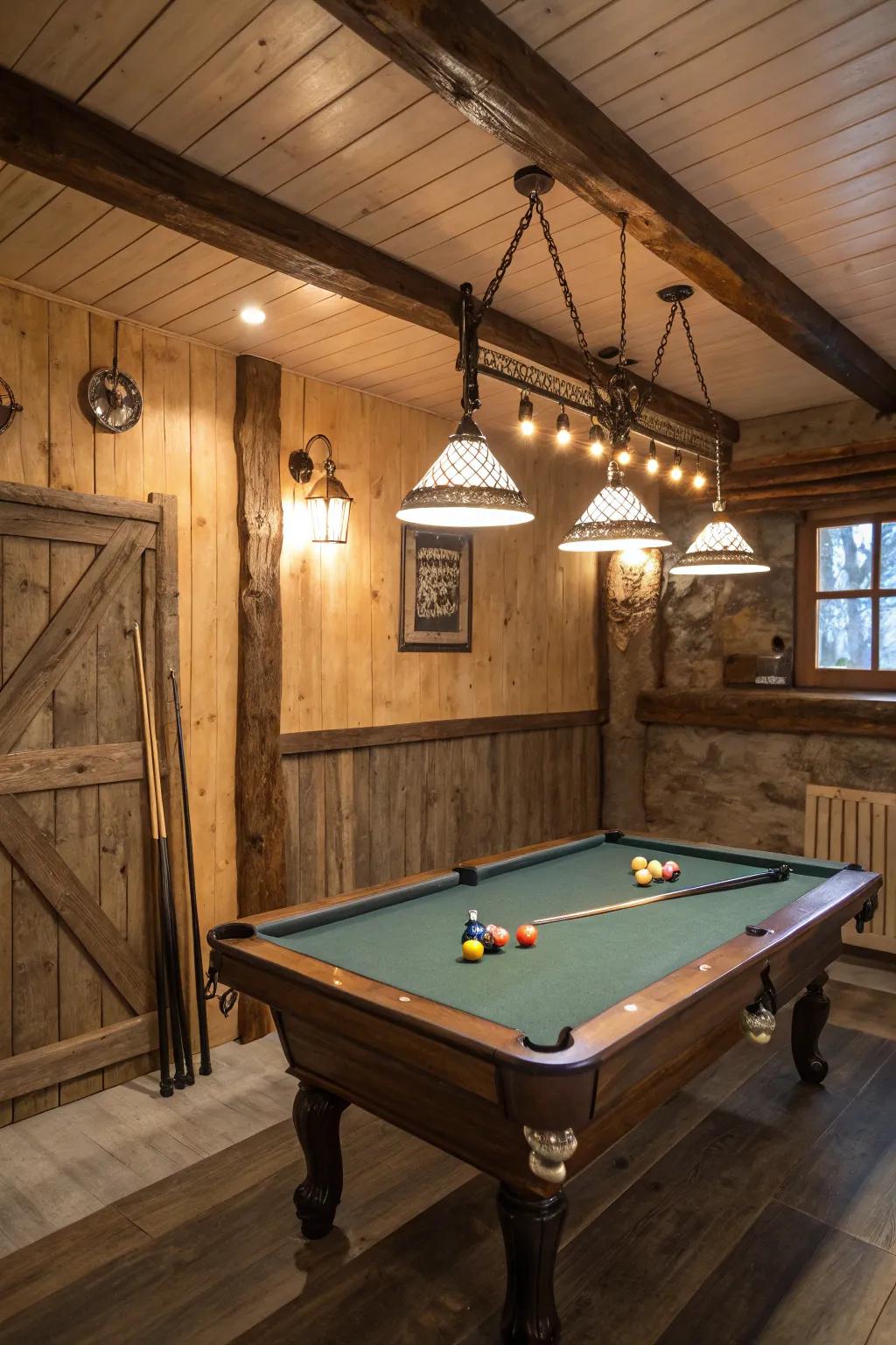 A harmonized theme introduces style and cohesion to a smaller billiard table room.