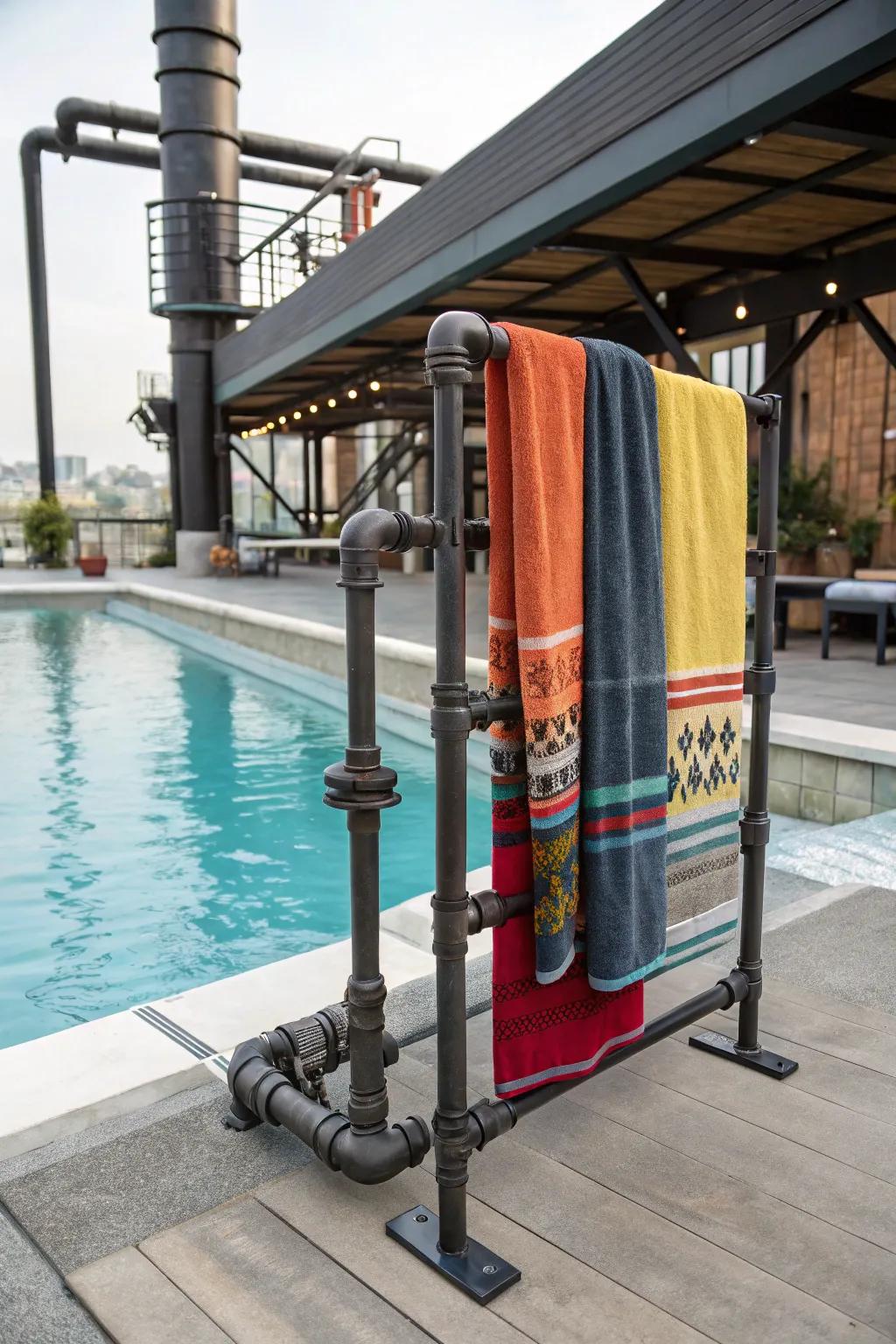 Rugged industrial pipe rack for an edgy poolside look.