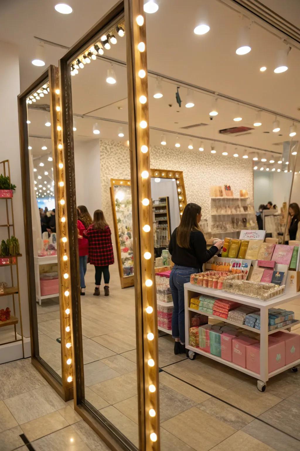 Mirrors cleverly expand visual space and enhance the brightness of a shop.