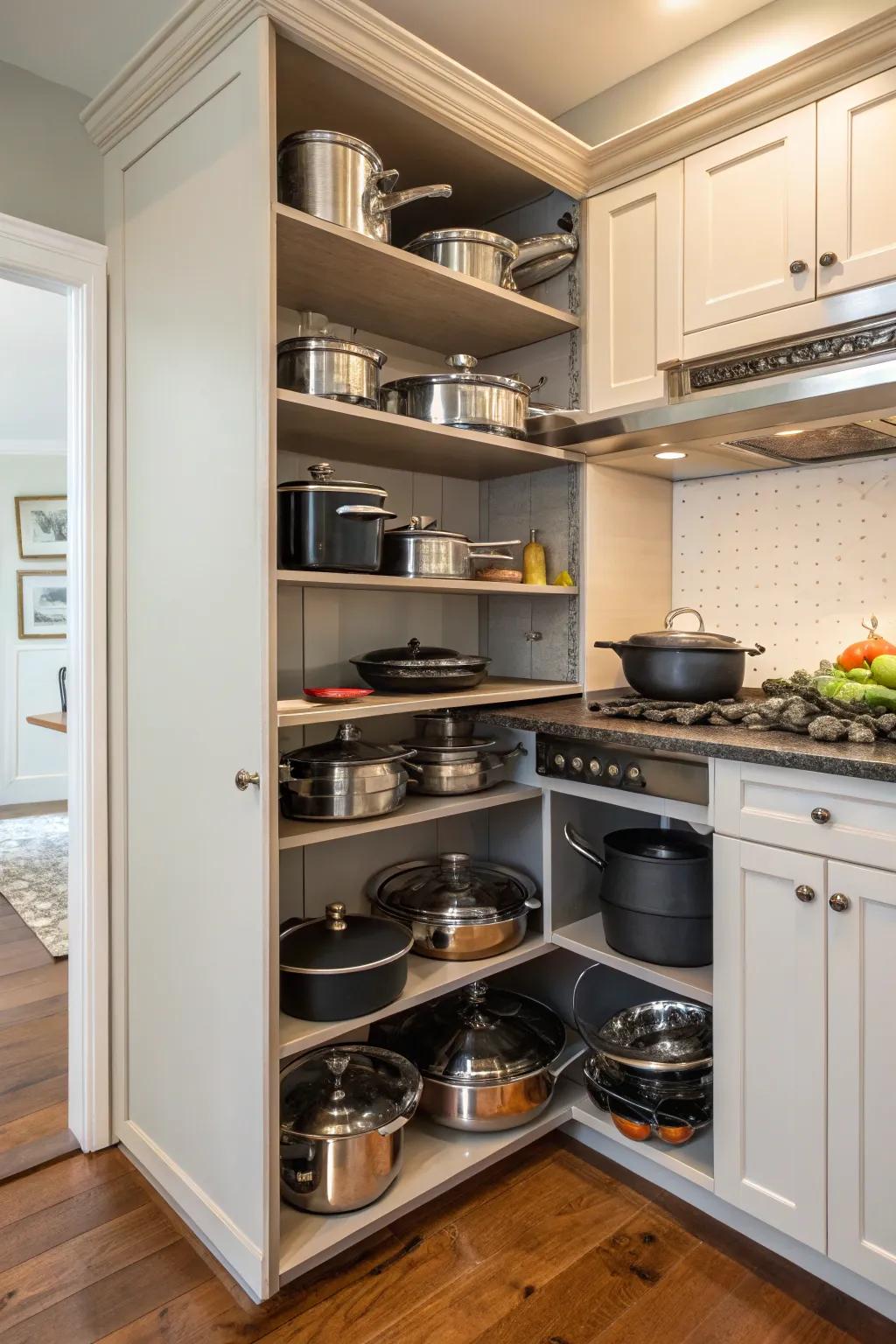 Corner shelves maximize storage in areas that are often unused.