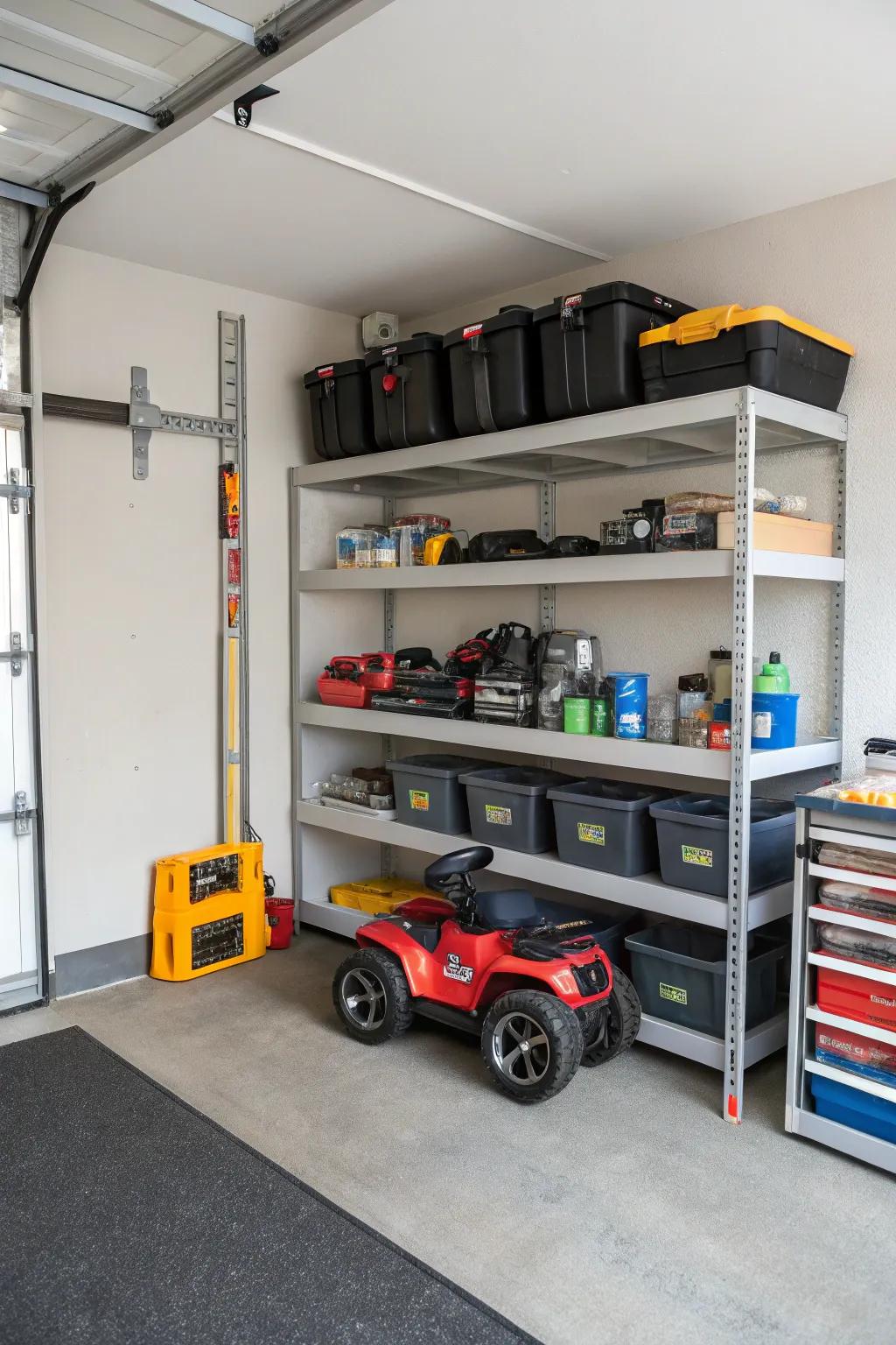 Corner shelves making the most of garage space for electric ride-ons.