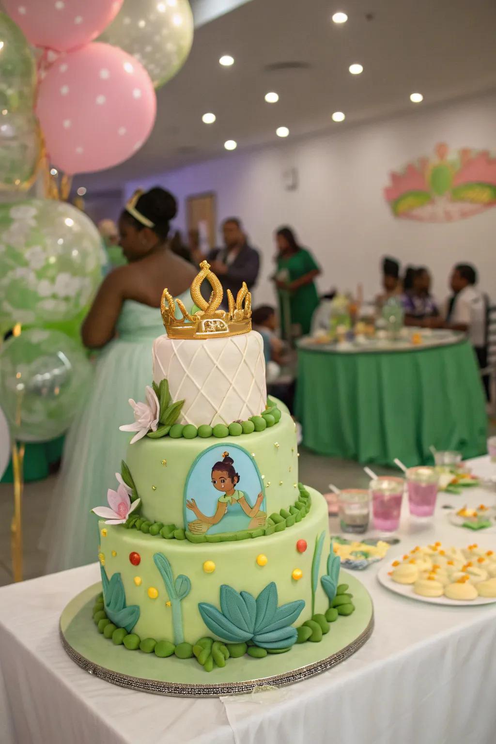 A Tiana-themed cake serves as a stunning centerpiece.