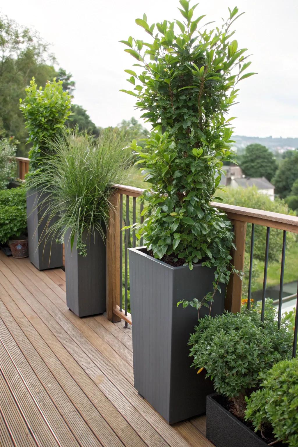 Lofty containers function as organic solitude boundaries on a deck.