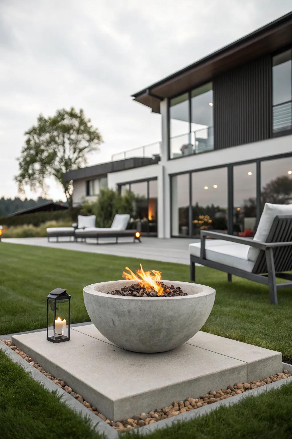 Introduce an element of modern industrial design through a concrete propane fire bowl.