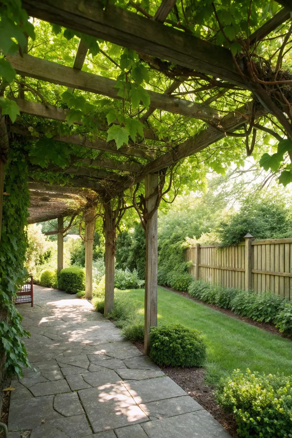 A pergola with vines creating a beautiful and functional property divider.