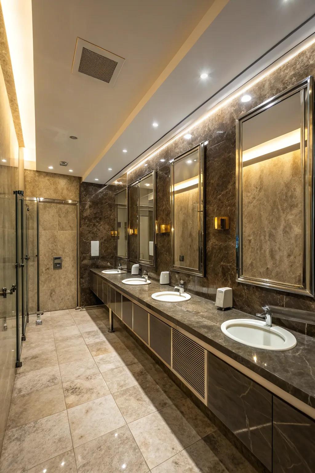 Premium materials enhance the aesthetic of shared restrooms.