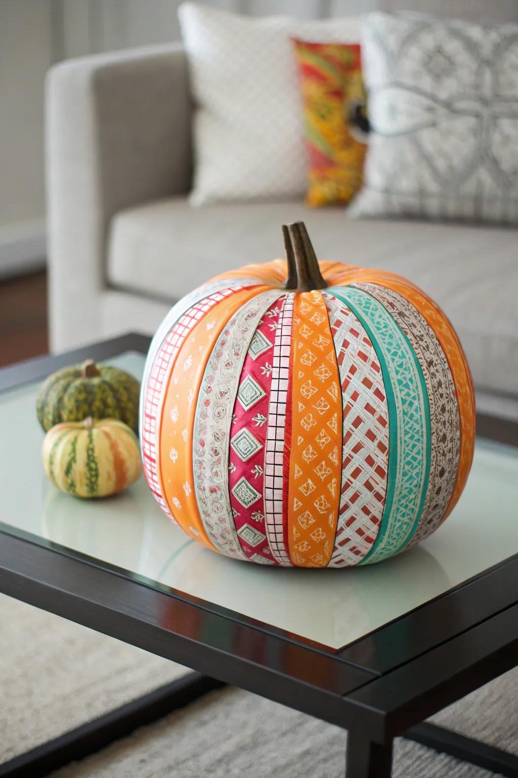 Adhesive tape transforms ordinary pumpkins into extraordinary art pieces.